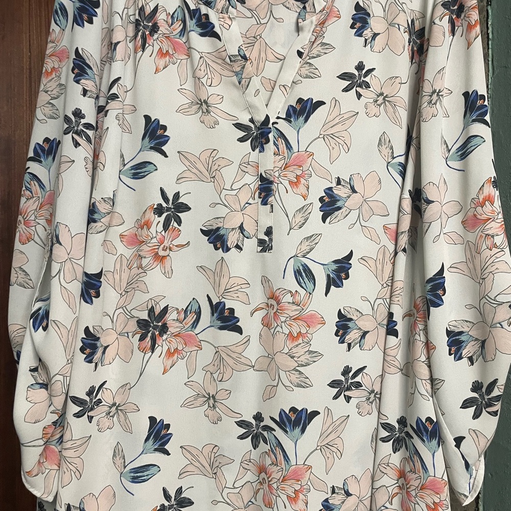 Gibson Latimer Blue and Orange Buttoned Blouse with Mandarin Collar